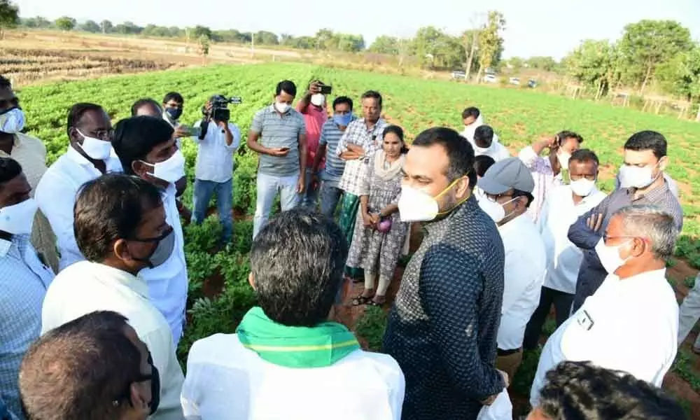 District Collector RV Karnan interacting with the farmers at Gundlapalli of Ganneruvaram mandal on Sunday