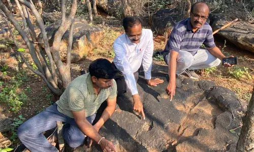 Archaeologist and Buddhist Expert Consultant, Buddhavanam Dr Sivanagi Reddy and others examining the remains of stone age in Budhavanam located in Nagarjuna Sagar on Sunday Archaeologist and Buddhist Expert Consultant, Buddhavanam Dr Sivanagi Reddy and others examining the remains of stone age in Budhavanam located in Nagarjuna Sagar on Sunday