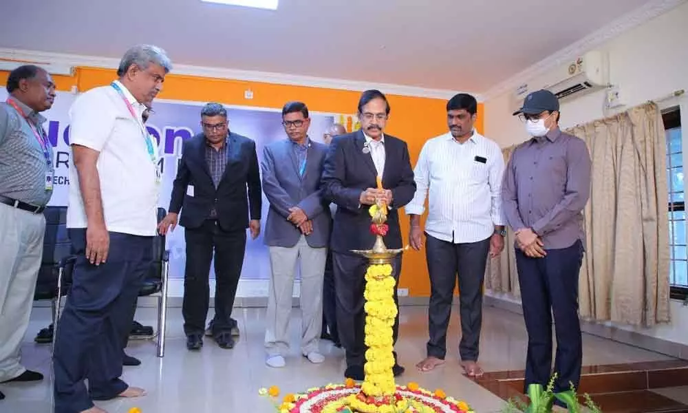 The officials inaugurating the programme by lighting a lamp in Guntur on Monday