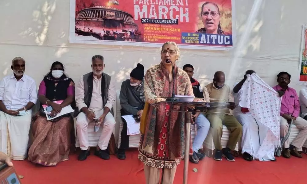 AITUC national general secretary Amarjeet Kaur speaking at the meeting in Visakhapatnam on Tuesday