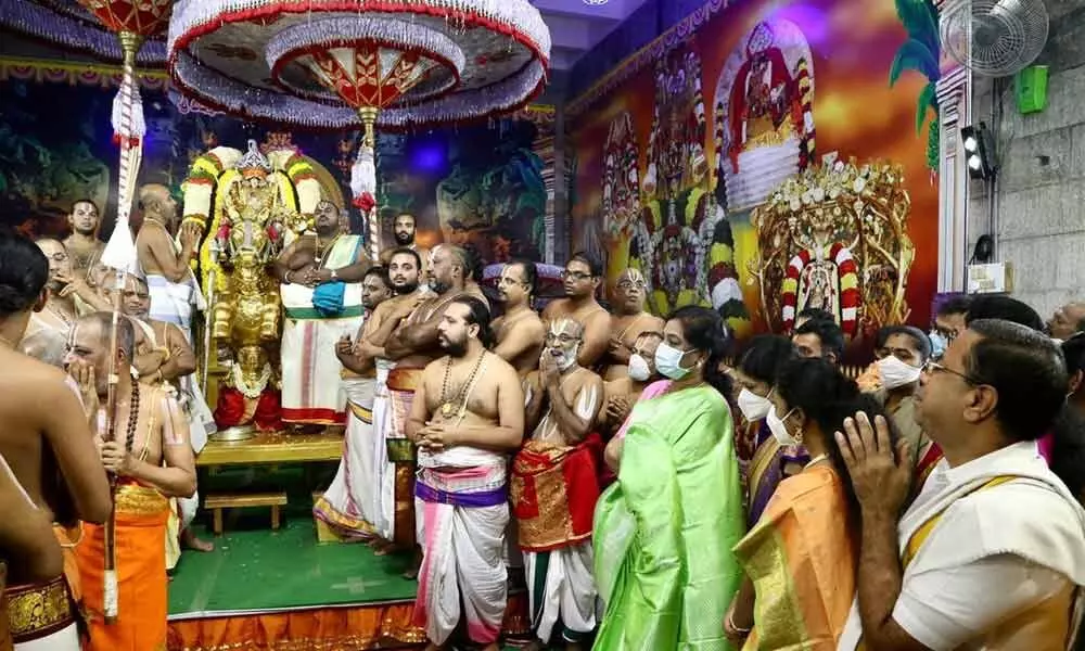 Goddess Padmavathi Devi atop Aswa Vahanam on the penultimate day of Annual Brahmotsavam at Tiruchanur on Tuesday