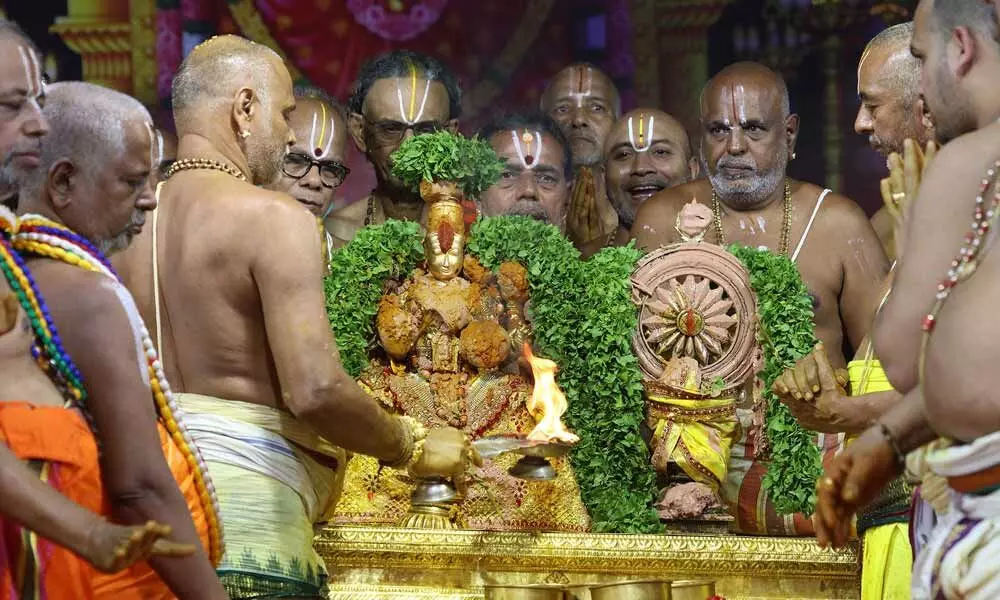 Processional deity of Sri Padmavathi Ammavaru along with Sri Sudarshana Chakrathtalwar rendered Snapana Tirumanjanam in a specially set up platform near Vahana Mandapam to mark the conclusion of Navahnika Karthika Varshika Brahmotsavams in Tirupati on Wednesday