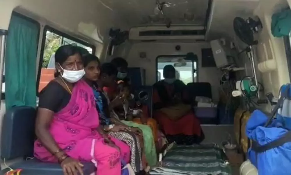 Villageers who fell sick in Arundathi Vada in Chittoor district being shifted to hospitals in 108 ambulance