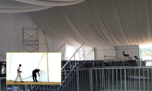 Arrangements being made at the IGMC Stadium in Vijayawada on Wednesday for the forthcoming visit of Union Minister Nitin Gadkari  Photos: Ch Venkata Mastan