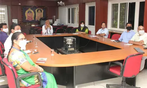 TTD EO Dr K S Jawahar Reddy holding a meeting with Devasthanams senior officials on new app for TTD educational institutions, in Tirupati on Wednesday.