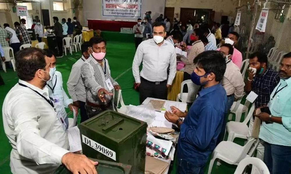 Collector RV Karnan inspecting arrangements for MLC elections in Karimnagar on Thursday