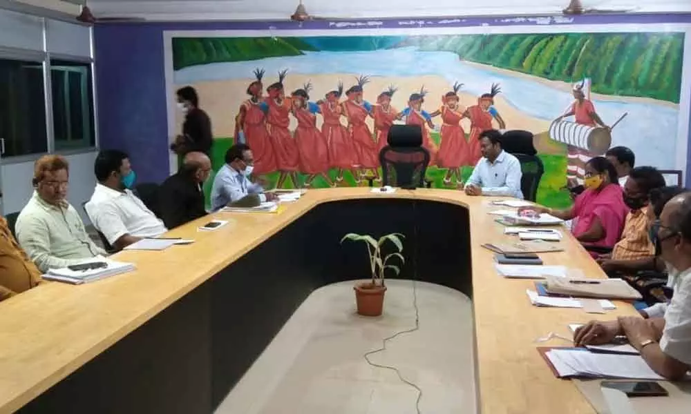 Rampachodavaram Sub Collector Katta Simhachalam addressing the meeting at  ITDA, Rampachodavaram, East Godavari district on Friday