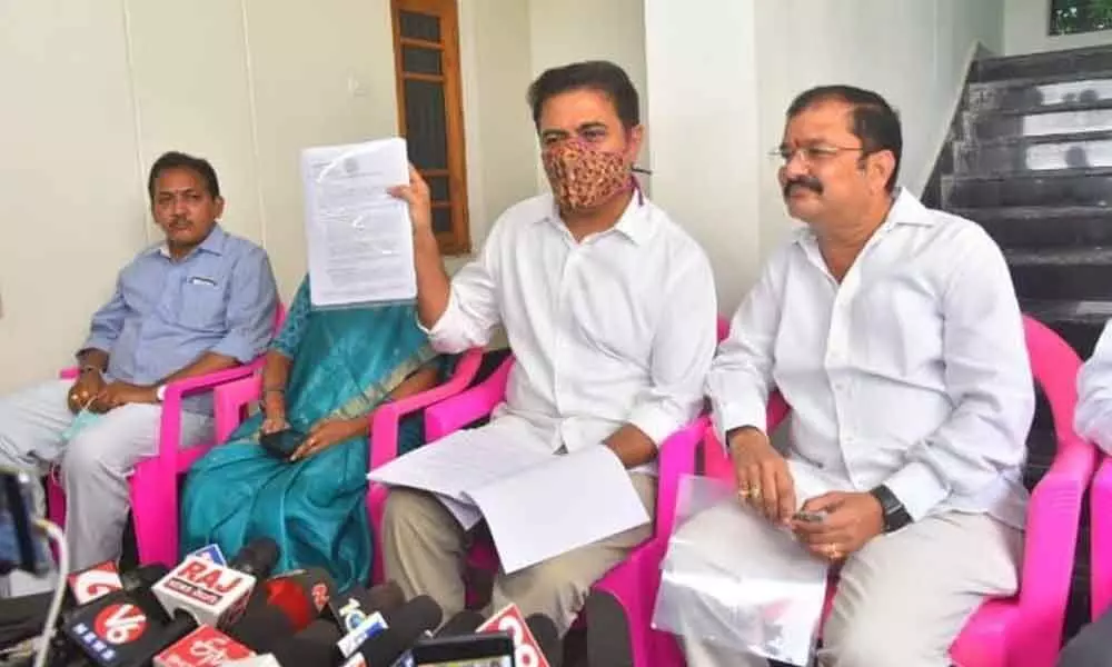 Minister KT Rama Rao speaking at a press conference in Sircilla on Friday