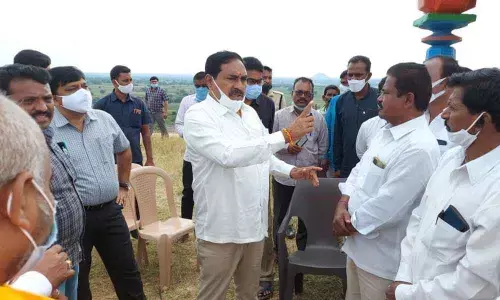 Minister for Panchayat Raj Errabelli Dayakar Rao inspecting the developmental works at Valmidi Sri Sitaramachandra Swamy temple in Jangaon district on on Friday