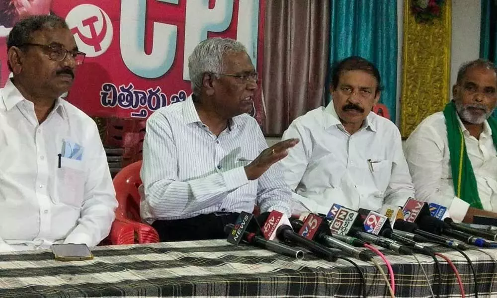 CPI national general secretary D Raja addressing media at Tirupati on Saturday
