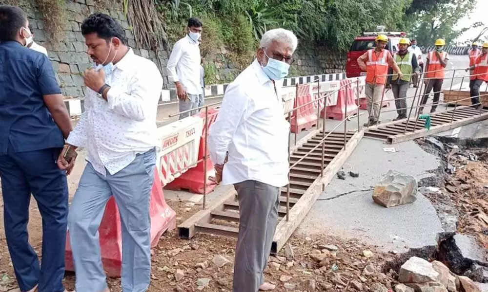 TTD Chairman Y V Subba Reddy inspecting the damaged second ghat road where restoration works are going on briskly, in Tirumala on Saturday
