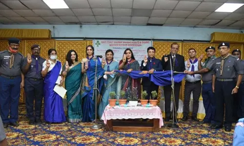 DRM of Waltair Division Anup Satpathy along with others at the investiture ceremony of Bharat Scouts and Guides held at Rail Club in Visakhapatnam on Saturday