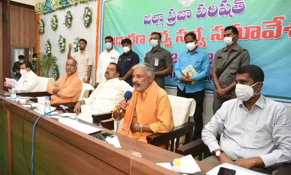 Panchayat Raj Minister P Ramachandra Reddy addressing the ZP General Body meeting in Chittoor on Sunday. Deputy Chief Minister K Narayana Swamy and others are also seen