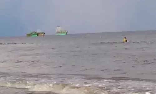 A screen grab from a video of the heavy trawlers from Tamil Nadu fishing near sea shore in Prakasam district