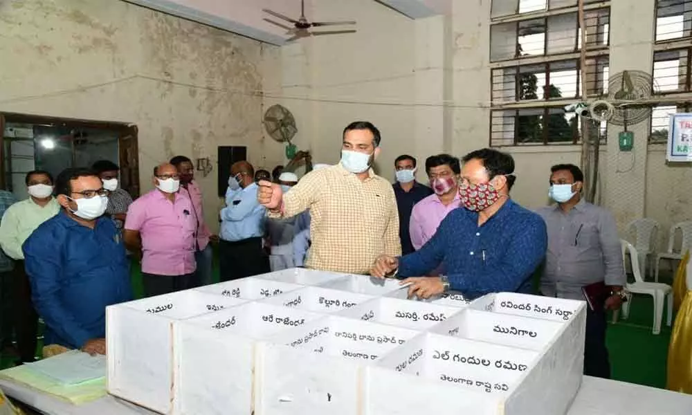 Returning Officer and District collector RV Karnan inspecting the arrangements made for the MLC polls in Karimnagar on Monday