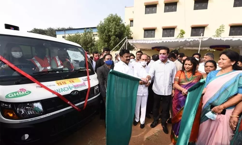 Ministers KTR, Talasani Srinivas Yadav & Mohammad Mehmood Ali flagged off Swachh Auto Tippers in Hyderabad today