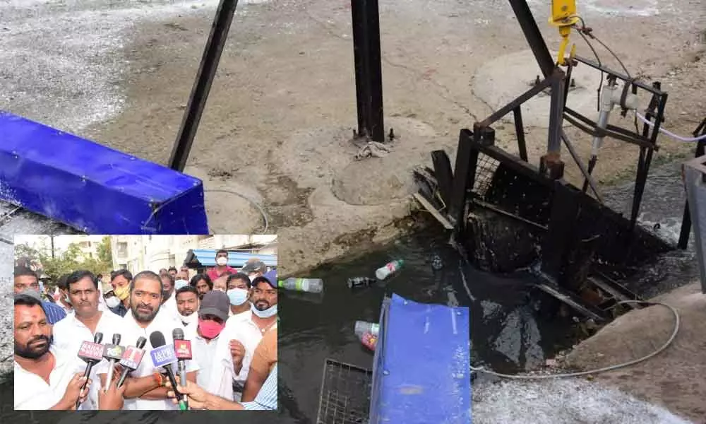 Plastic separator machine installed at the main sewerage stream at Ashok Theatre Junction in Mahabubangar; Excise and Prohibition Minster Dr Srinivas Goud speaking to media in Mahabubnagar on Tuesday