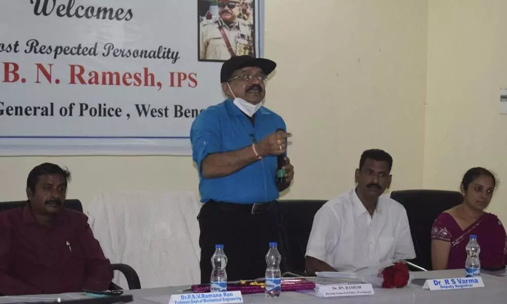 Dr B N Ramesh, DGP of West Bengal, addressing the students of Centurion University in Vizianagaram on Tuesday