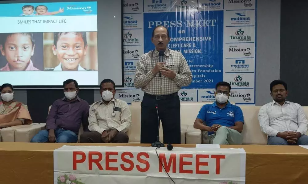 Dr Ch Maheswara Rao of Tirumala Hospital speaking on the ‘Four-day free cleft lip and palate surgeries camp’ in Vizianagaram on Wednesday
