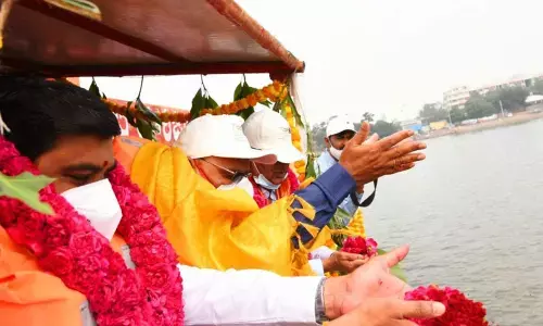 Special Chief Secretary, Irrigation department, K Jawahar Reddy, Krishna district Collector J Nivas and other officials at Punnami Ghat in Vijayawada on Wednesday