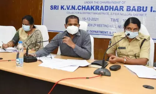 Joint Collector Ganesh Kumar addressing the district-level monitoring committee meeting at the New ZP office in Nellore on Wednesday