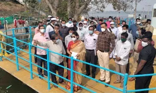 CMO secretary Smita Sabharwal inspecting Yellampalli backwaters at Kotilingala in Jagtial district on Wednesday