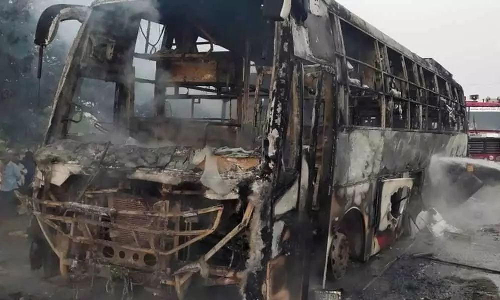 A private travels bus catches fire in Prakasam