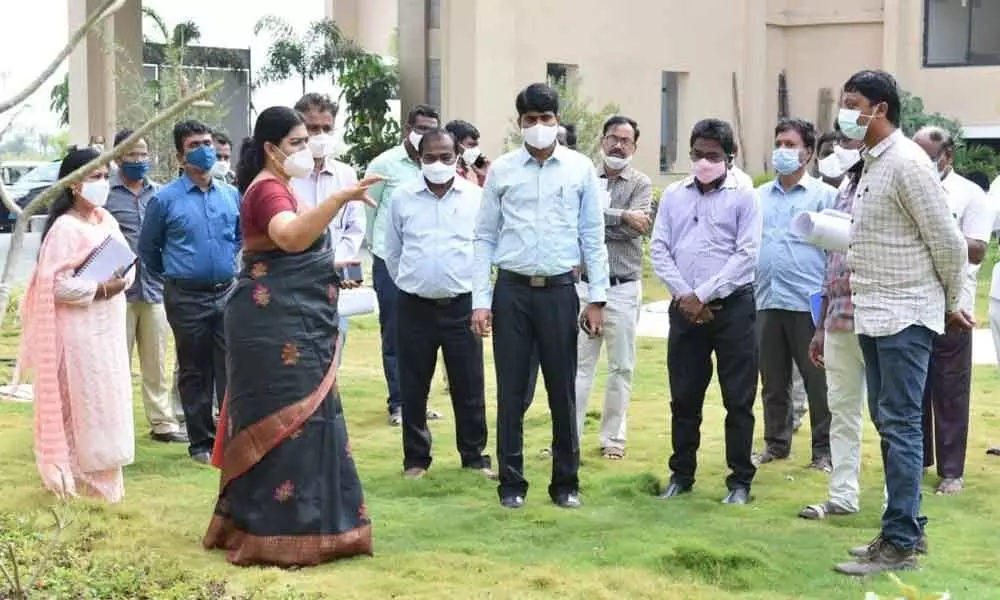 CMO OSD Priyanka Varghese inspecting the premises of the new Collectorate building in Nizamabad on Thursday