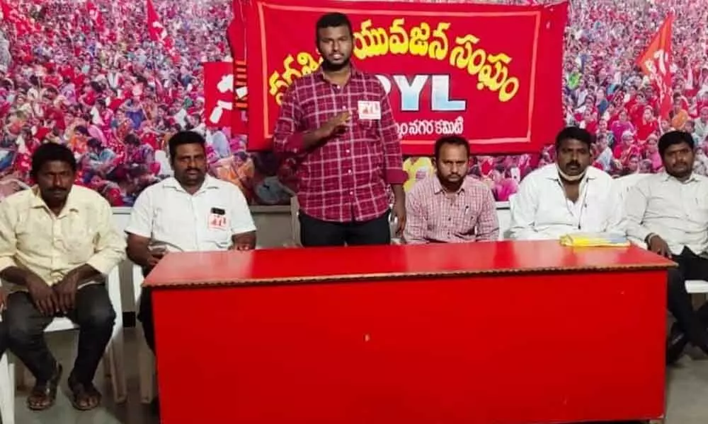 PYL district general secretary NV Rakesh speaking at a meeting in Khammam on Thursday