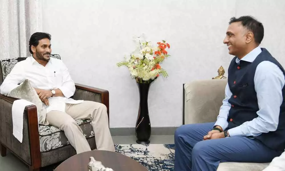 Flipkart CEO Kalyan Krishnamurthy calls on Chief Minister Y S Jagan Mohan Reddy at his camp office in Tadepalli on Thursday