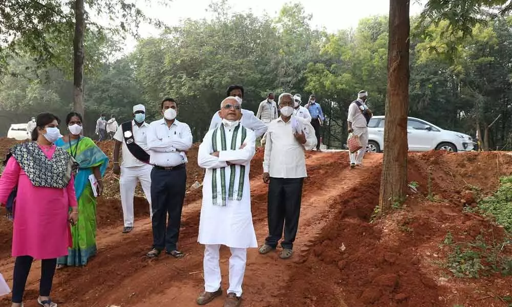 TTD EO K S Jawahar Reddy at the site where a spiritual theme-based park is proposed near Alipirif, on Friday