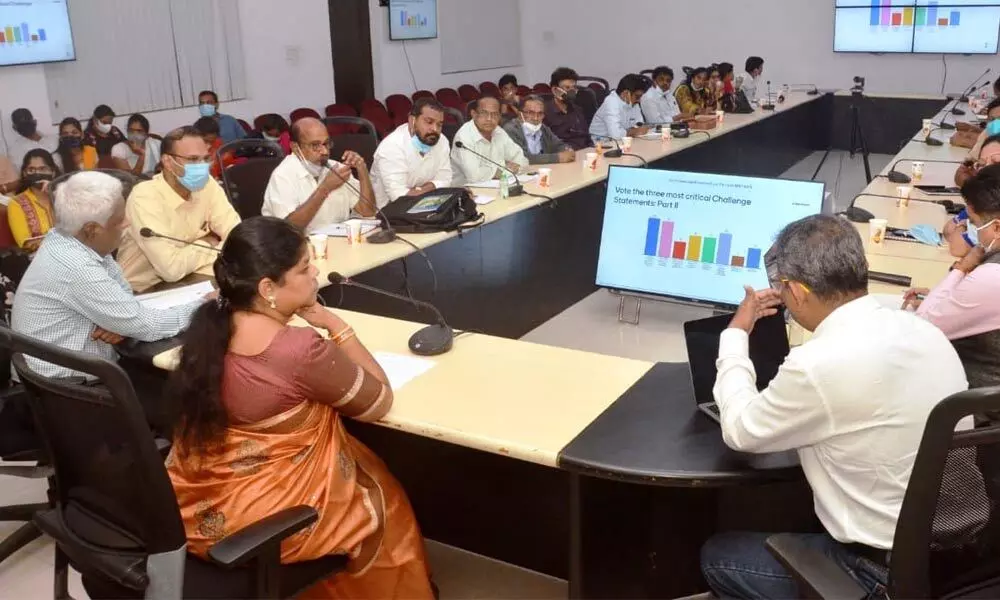 Mayor G Hari Venkata Kumari and GVMC officials at a workshop held in Visakhapatnam on Friday