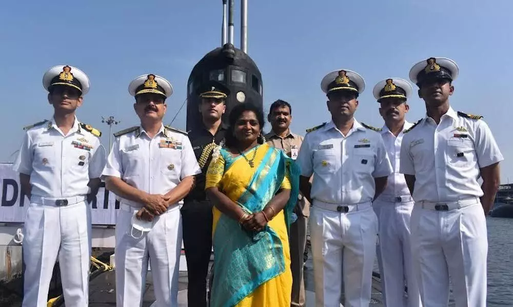 Governor of Telangana and Lt Governor of Puducherry Dr Tamilisai Soundararajan onboard a submarine during her trip to the ENC in Visakhapatnam on Friday