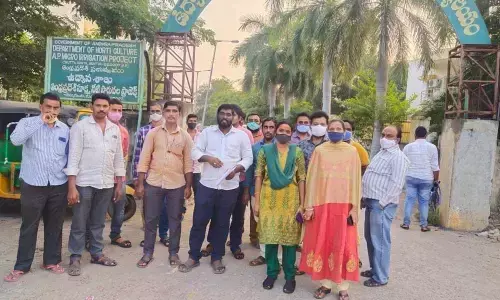 AP Contract and Outsourcing Employees JAC general secretary D Bhanoji Rao addressing the media in Guntur on Friday