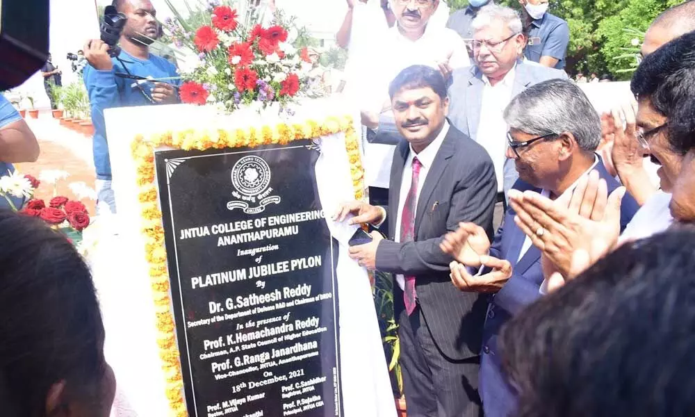 DRDO Chairman  G Satheesh Reddy inaugurating the pylon of 75 years of JNTUA, in Anantapur on Saturday