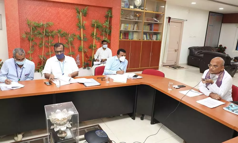 TTD Executive Officer  K S Jawahar Reddy at a review meeting with officials at the  TTD Administrative Building in Tirupati on Saturday