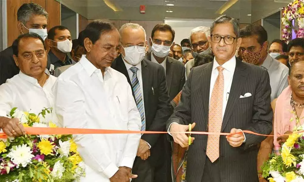 Chief Justice of India NV Ramana inaugurating International Arbitration and Mediation Centre (IAMC) in Hyderabad on Saturday. Chief Minister K Chandrashekar Rao is also seen