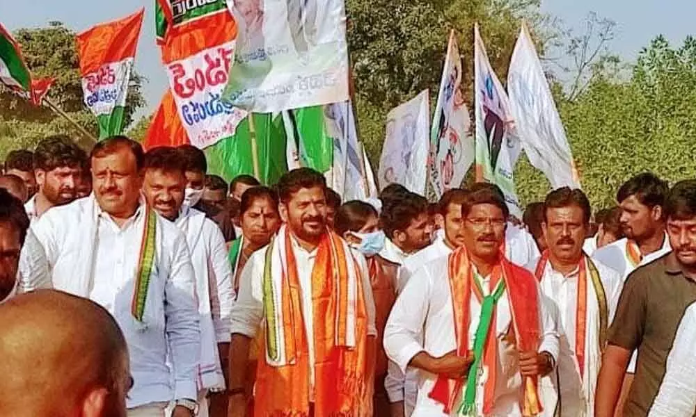 TPCC chief Revanth Reddy and party leaders taking out padayatra in Chevella on Saturday