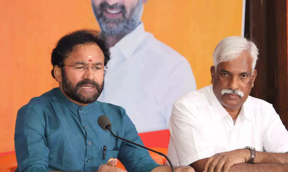 Union Minister for Tourism and Culture G Kishan Reddy speaking to the media in Hyderabad on Sunday