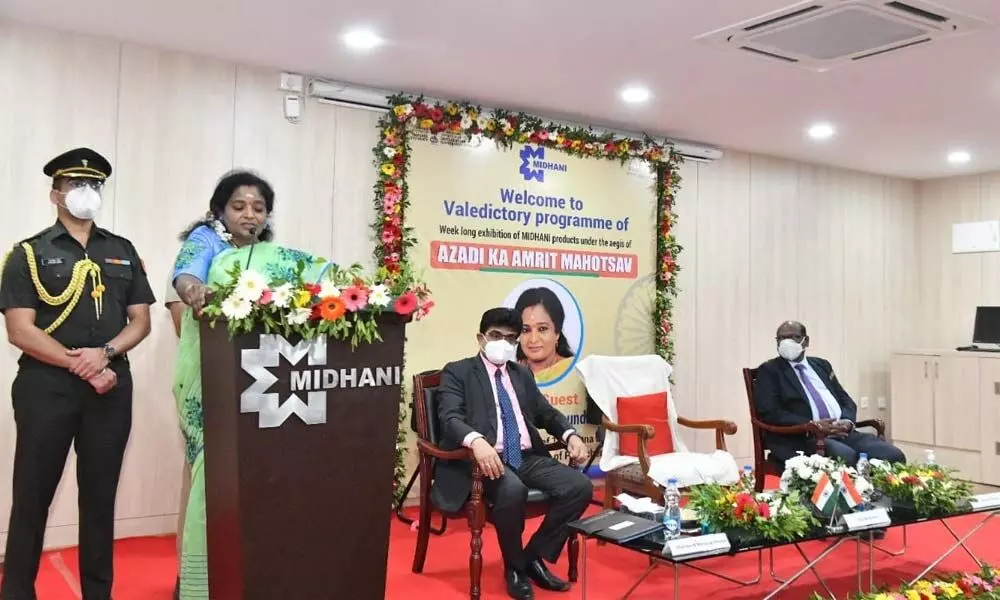 Governor Dr Tamilisai Soundararajan speaking at the valedictory event of MIDHANI exhibition of products at MIDHANI in Hyderabad on Sunday