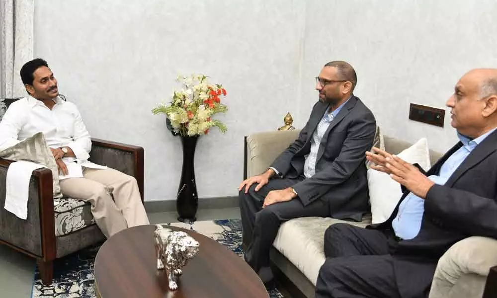 Shree Cement MD Hari Mohan Bangur and JMD Prashant Bangur during a meeting with Chief Minister Y S Jagan Mohan Reddy at the latter’s camp office in Tadepalli on Monday