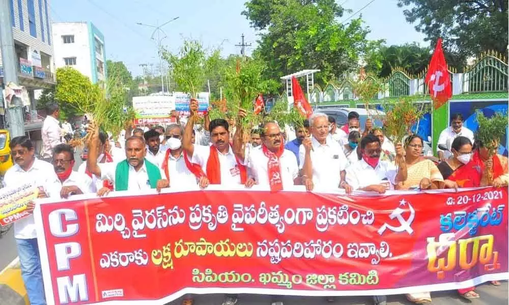 CPM leaders conducting a rally to highlight the sufferings of chilli farmers, in Khammam on Monday.a
