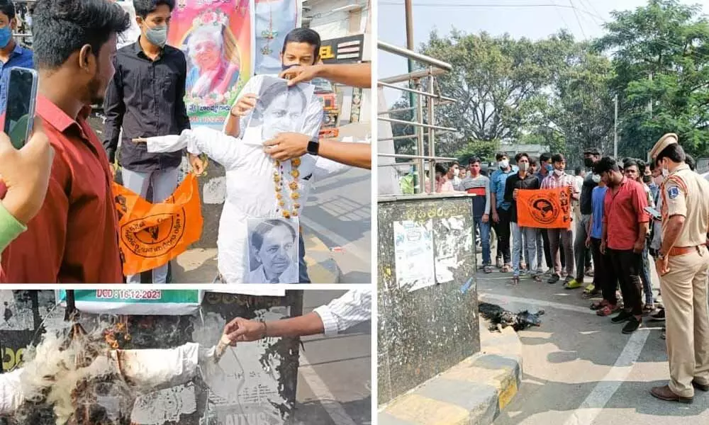 ABVP activists burn CM KCRs effigy over 1st Inter results