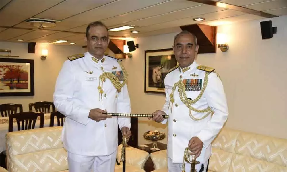 Rear Admiral Sanjay Bhalla (left) taking over as Eastern Fleet Commander from Rear Admiral Tarun Sobti at Naval Dockyard in Visakhapatnam on Monday