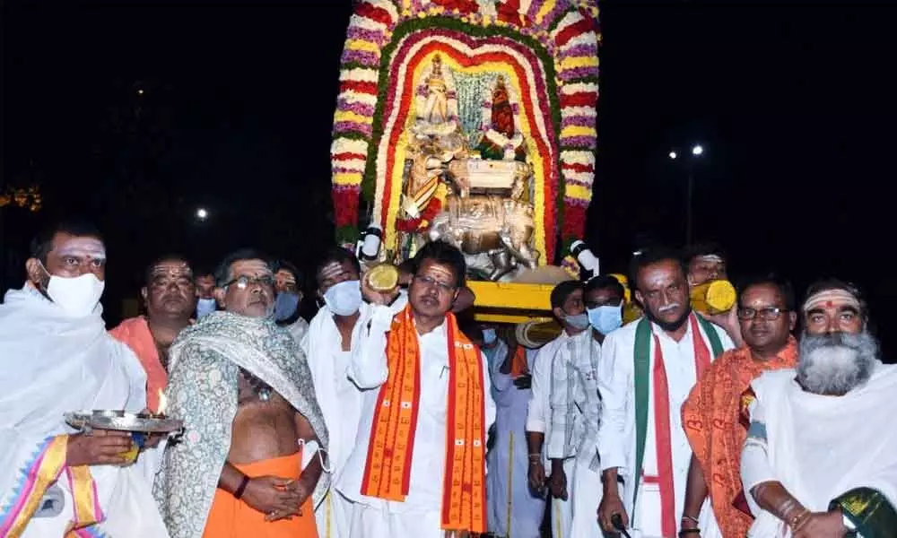 The authorities of Srisailam temple organising Varshika Arudrotsavam on Monday.