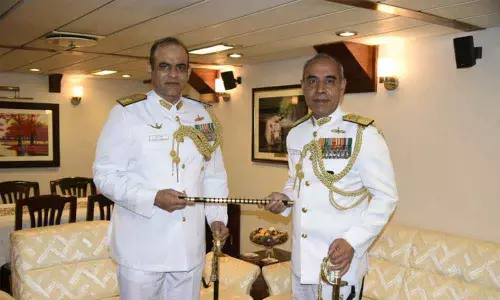 Rear Admiral Sanjay Bhalla (left) taking over as Eastern Fleet Commander from Rear Admiral Tarun Sobti at Naval Dockyard in Visakhapatnam on Monday