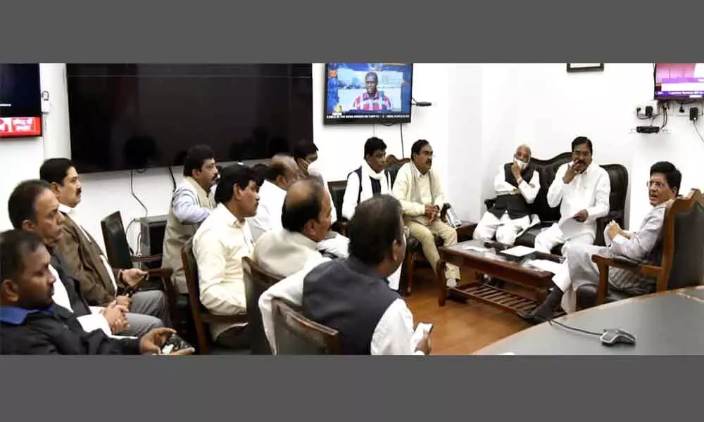 Telangana Agriculture Minister S Niranjan Reddy along with other ministers and MPs meet Union minister Piyush Goyal at the Parliament house in New Delhi