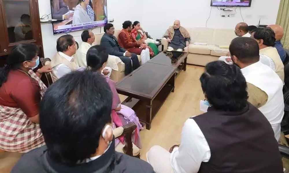 Telangana BJP leaders, led by State president Bandi Sanjay, meet Union Home Minister Amit Shah in New Delhi on Tuesday