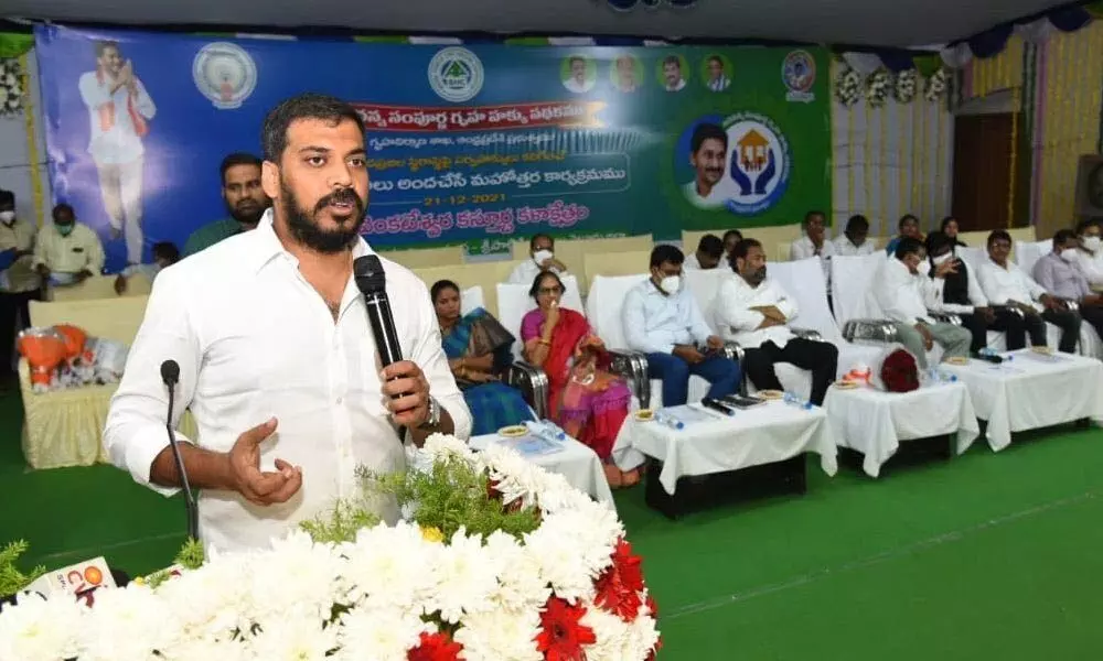 Minister for water resources Dr P Anil Kumar Yadav addressing a meeting at Kasturba Kalakshetram in Nellore on Tuesday