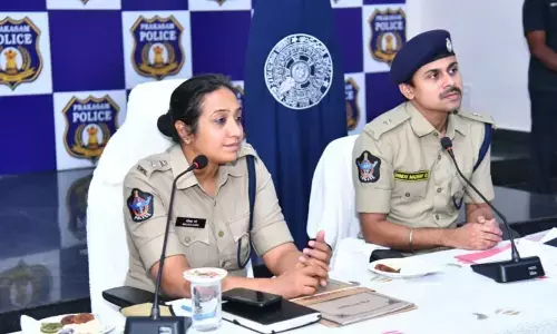 District SP Mallika Garg and Guntur rural SEB JD Bindu Madhav at a review meeting at DPO Ongole on Tuesday